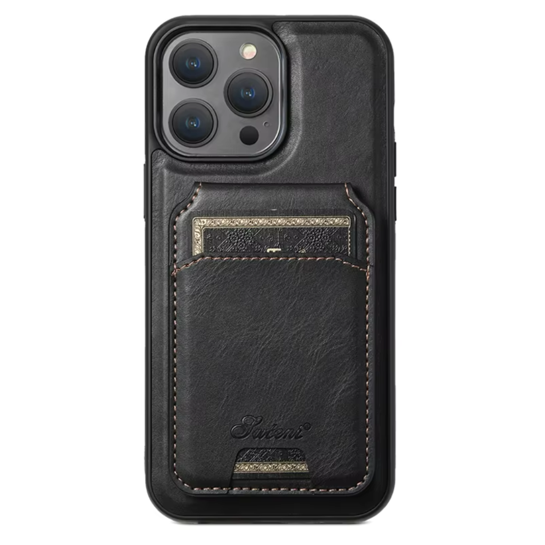 Carcasa cuero ecológico con tarjetero magnético para iPhone 16