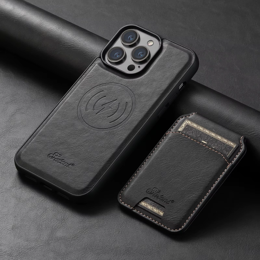 Carcasa cuero ecológico con tarjetero magnético para iPhone 16